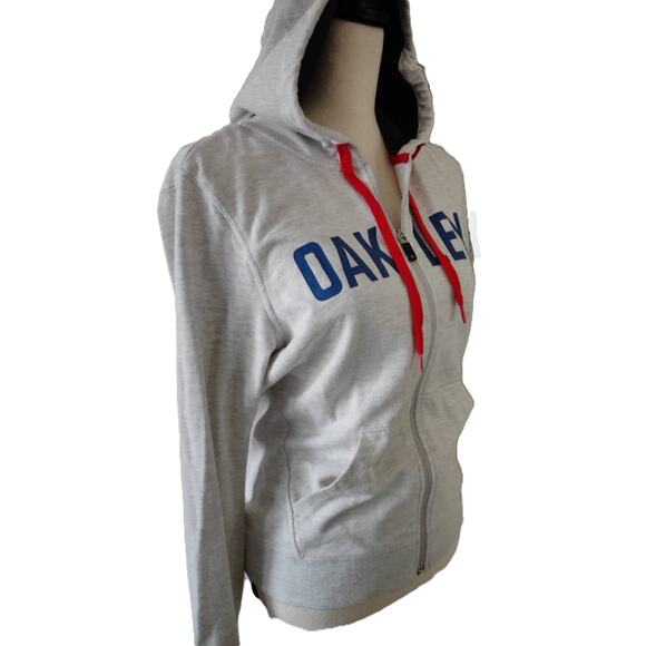 Y2k Oakley Hoodie Sweatshirt M Full Zip Gray Blue Block Letters Red Drawstring - Picture 3 of 16